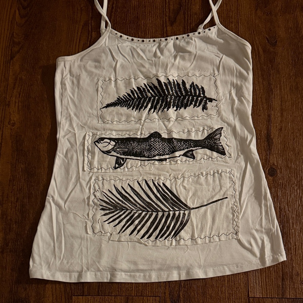 Upcycled White Lace Cami Black Nature Stamp Patchwork | Granolacore Fern & Fish